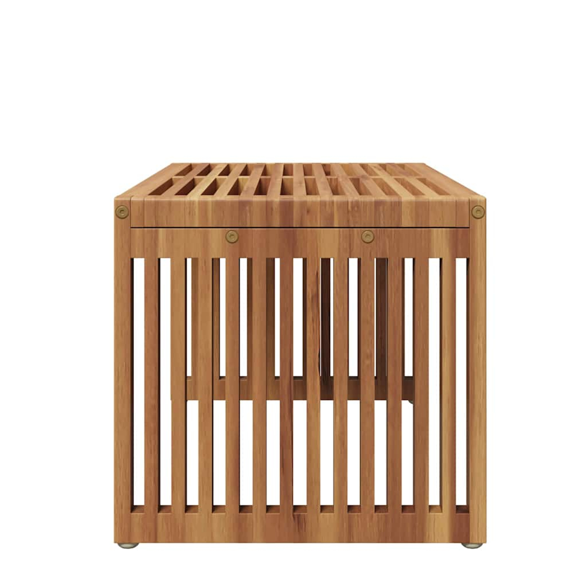 Eine Holzbank mit vertikalen Lamellen an den Seiten und einer Lamellenoberseite. Das Holz ist hellbraun, der Hintergrund ist weiß.