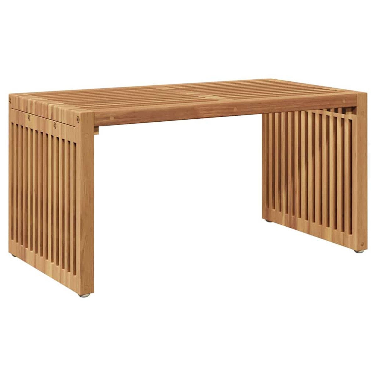 Eine Holzbank mit Lattenrost und Seiten. Sie hat vertikale Lamellen an den Beinen und eine hellbraune Farbe.