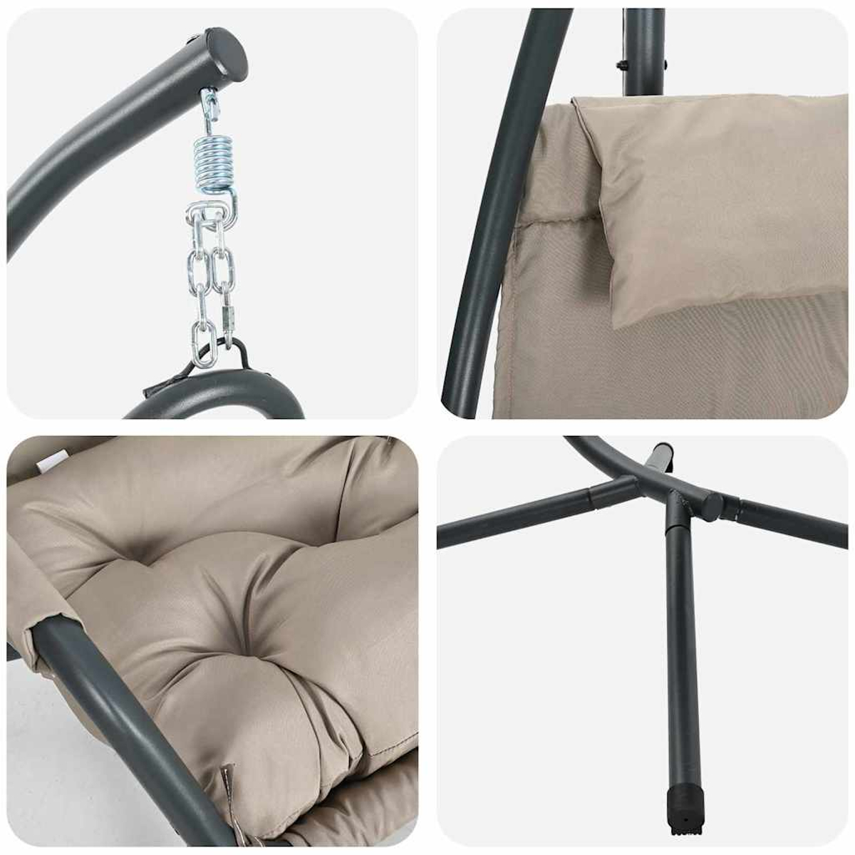 Nahaufnahme eines Schaukelstuhls. Details umfassen Metallrahmen, Feder, Ketten, beigefarbenes Kissen und Kissen. Der Stuhl steht vor hellem Hintergrund.