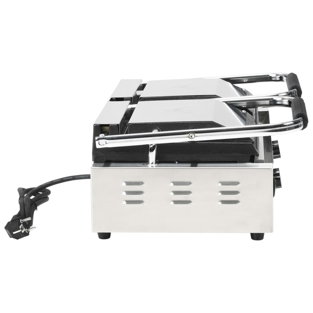 Ein Edelstahl-Paninigrill mit schwarzem Griff und Netzkabel. Er hat drei horizontale Linien und steht auf weißem Hintergrund.