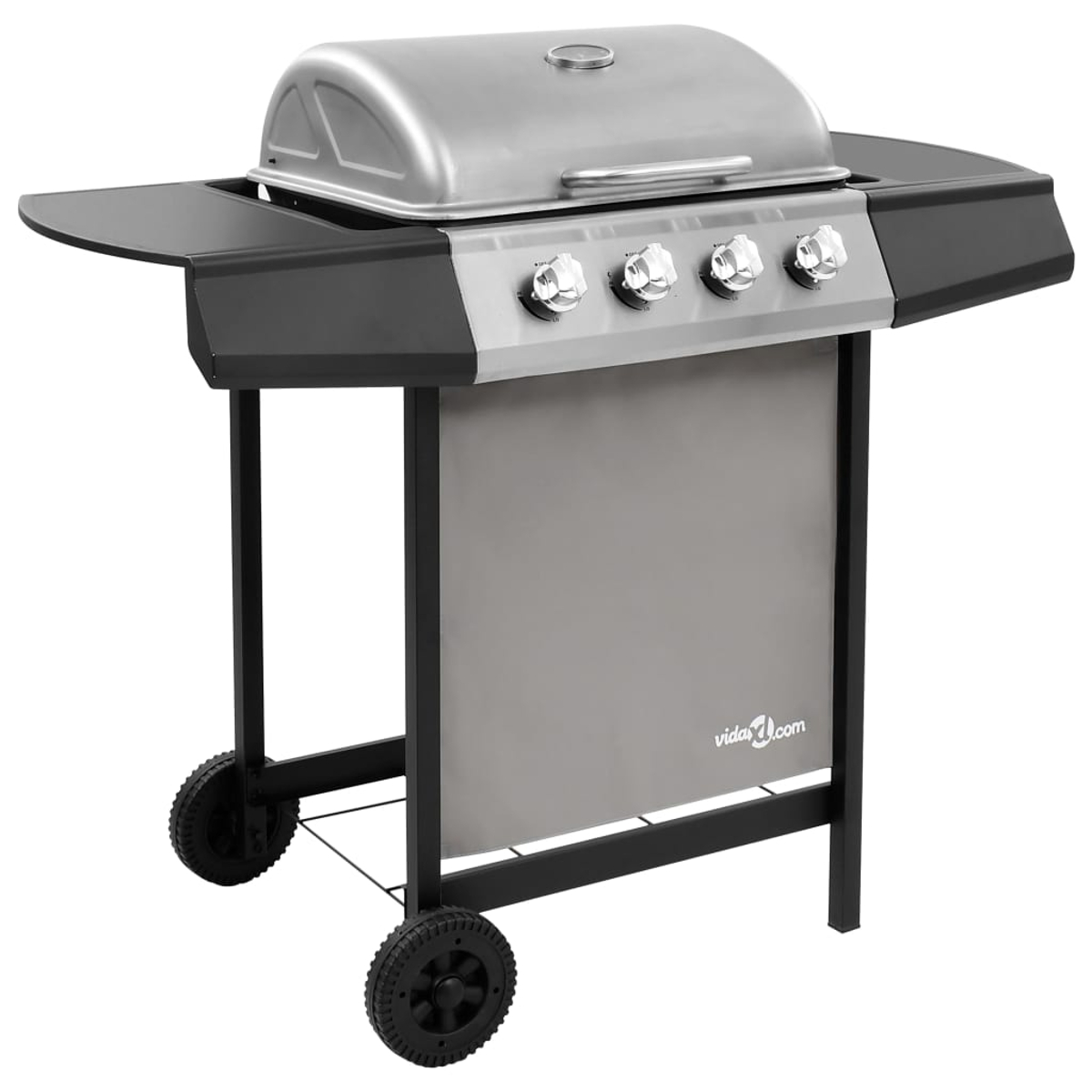 Ein Gasgrill aus Edelstahl mit schwarzem Rahmen. Er hat einen Deckel, vier Knöpfe und zwei Seitenablagen. Er steht auf Rädern.