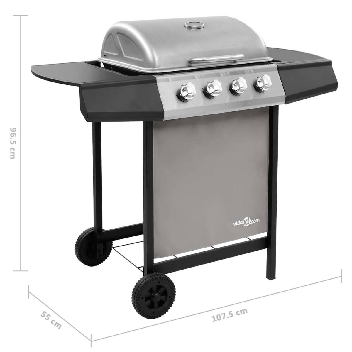 Ein Edelstahlgrill mit schwarzen Akzenten, vier Knöpfen und zwei Rädern. Maße: 107,5 cm lang, 96,5 cm hoch und 55 cm breit.