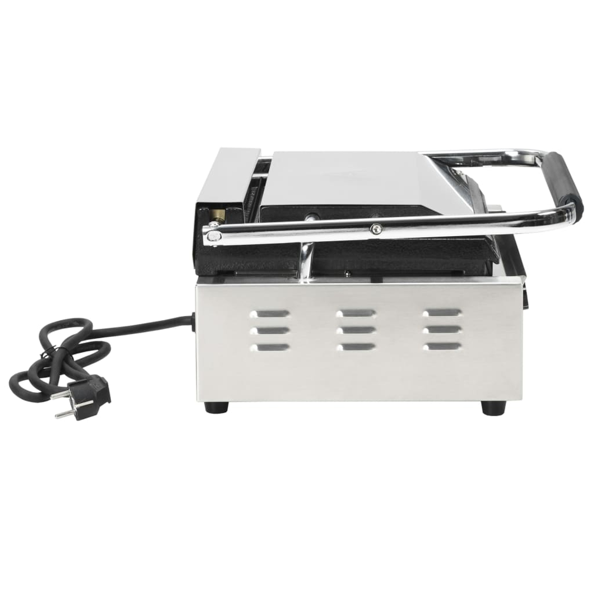 Eine silberne Panini-Presse auf weißem Hintergrund. Sie hat einen schwarzen Griff und ein schwarzes Netzkabel mit Stecker. Drei horizontale Linien.