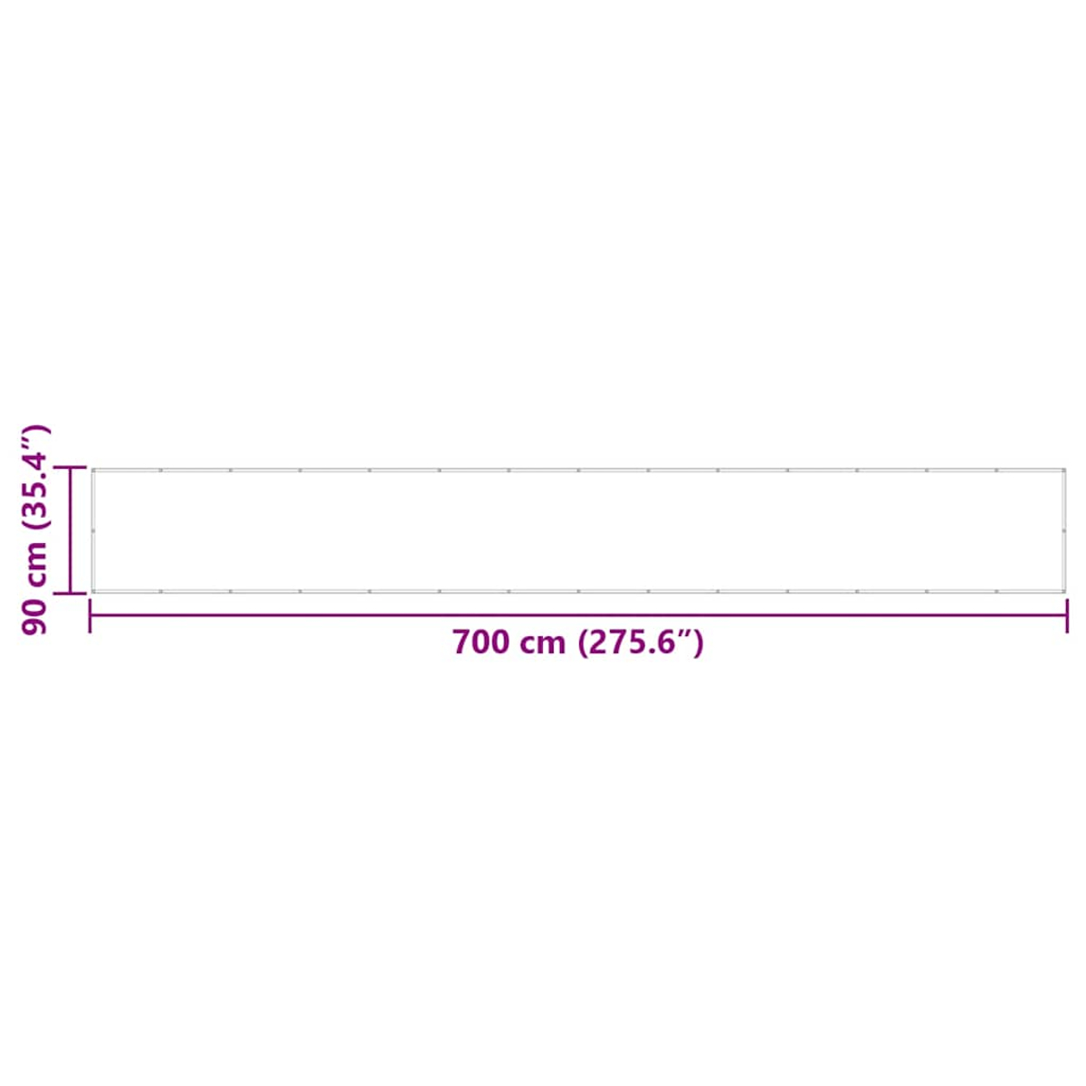 Eine weiße rechteckige Form, 700 cm lang und 90 cm breit, mit Abmessungen in cm und Zoll.