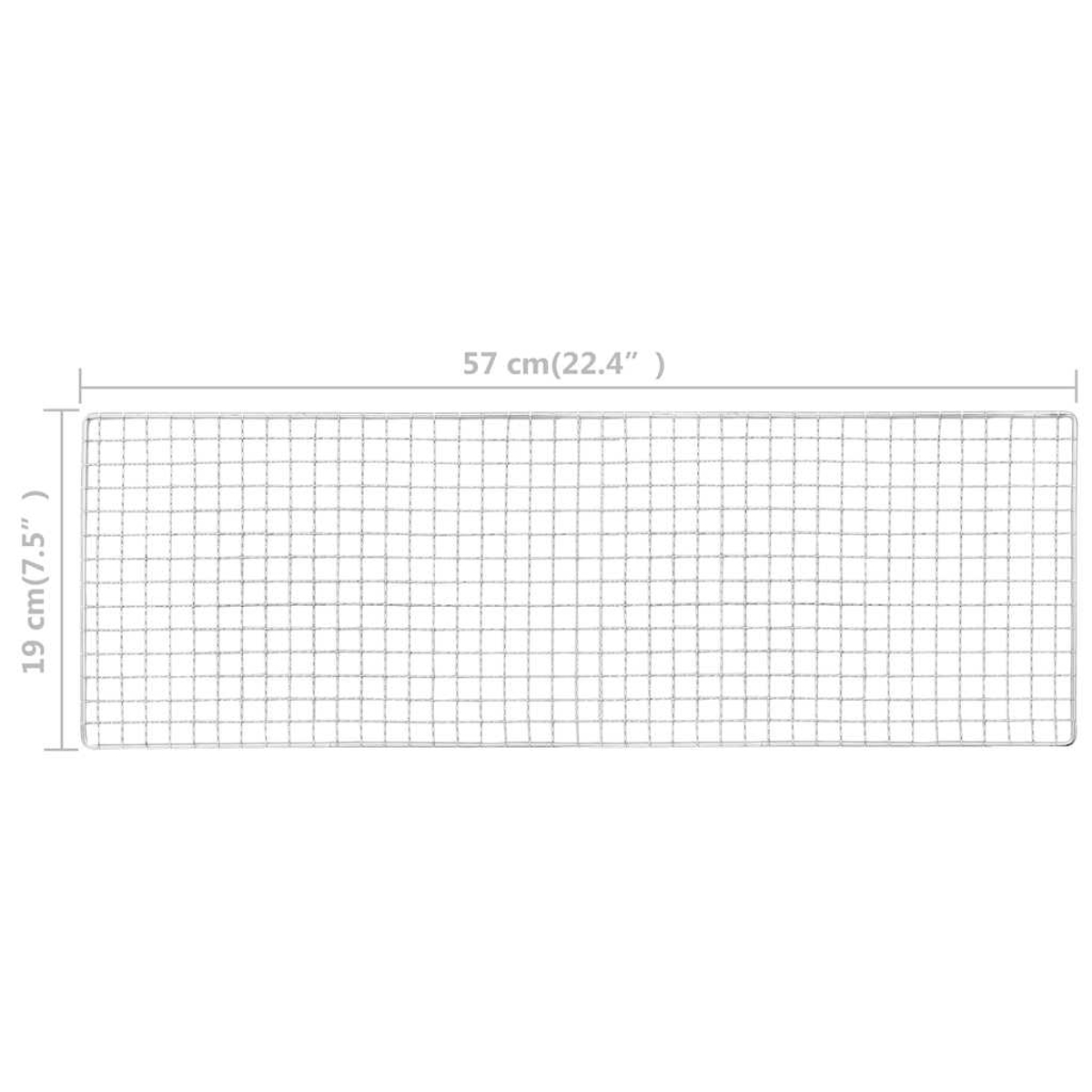 Ein rechteckiger Metallgrill mit den Maßen: 57 cm (22,4") mal 19 cm (7,5"). Der Hintergrund ist weiß.