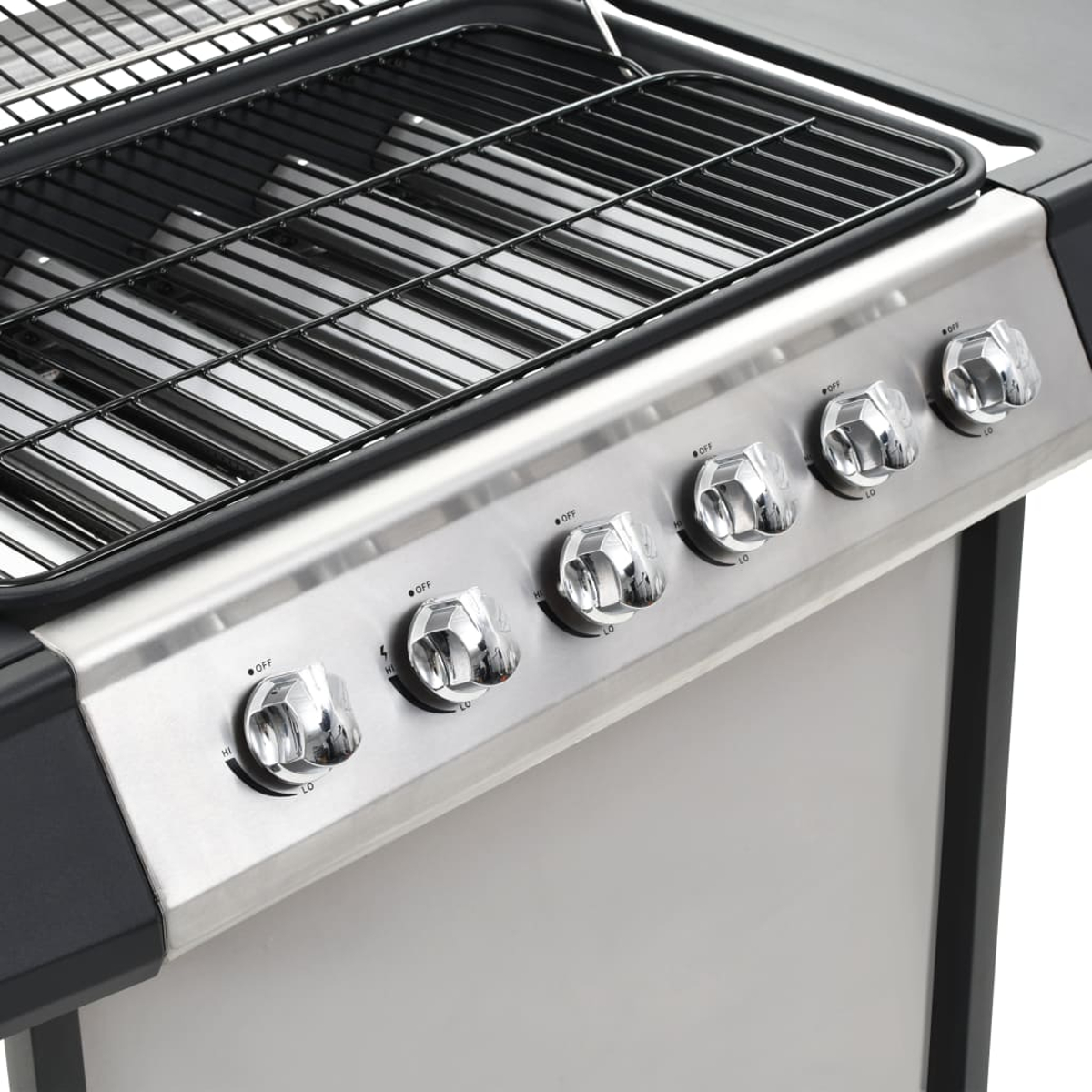 Nahaufnahme eines Gasgrills aus Edelstahl mit Bedienknöpfen und einem Grillrost. Die Knöpfe sind mit OFF, HI und LO beschriftet.