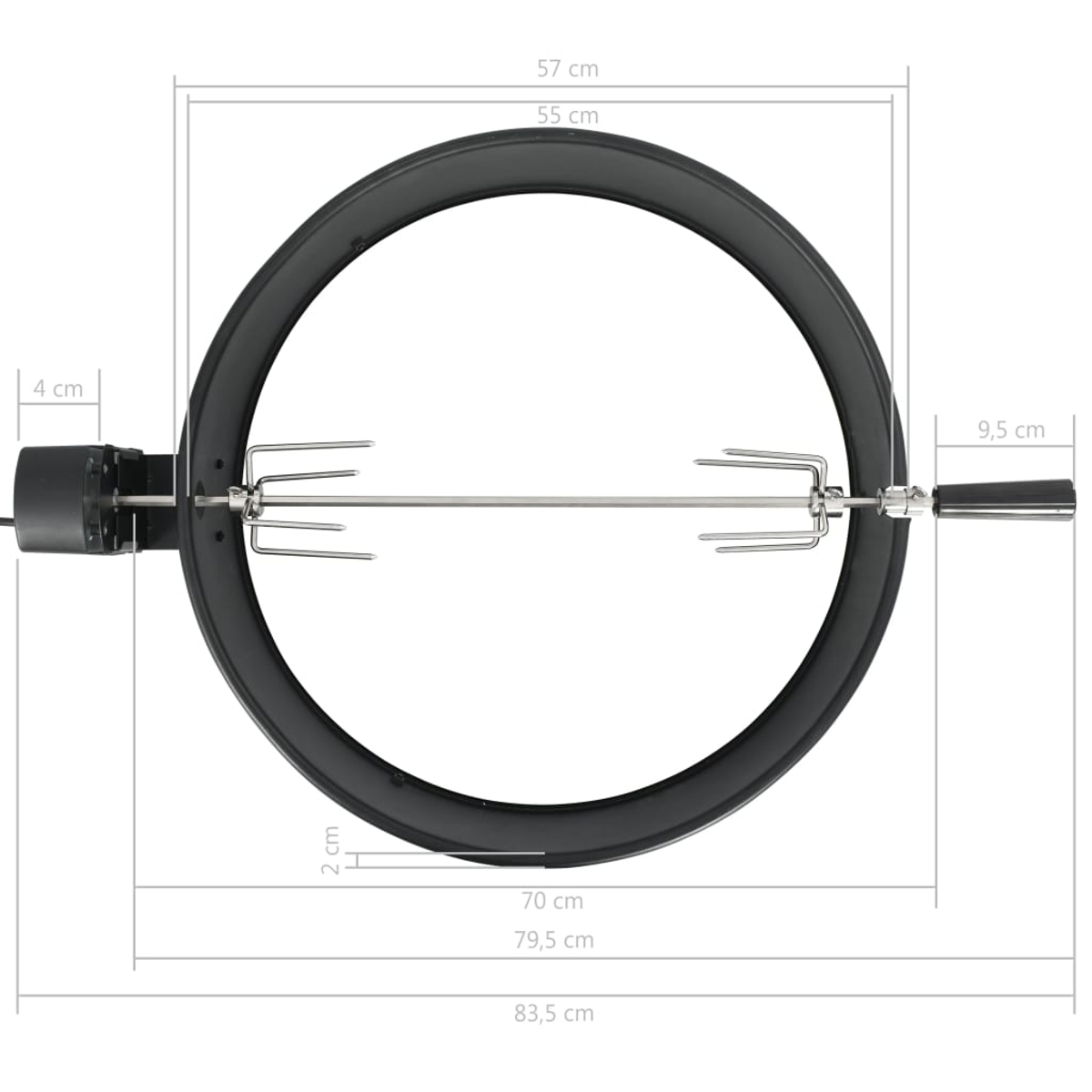 Ein schwarzer Drehspießring mit Maßen. Er hat einen Motor links, Spieße in der Mitte und einen Griff rechts.