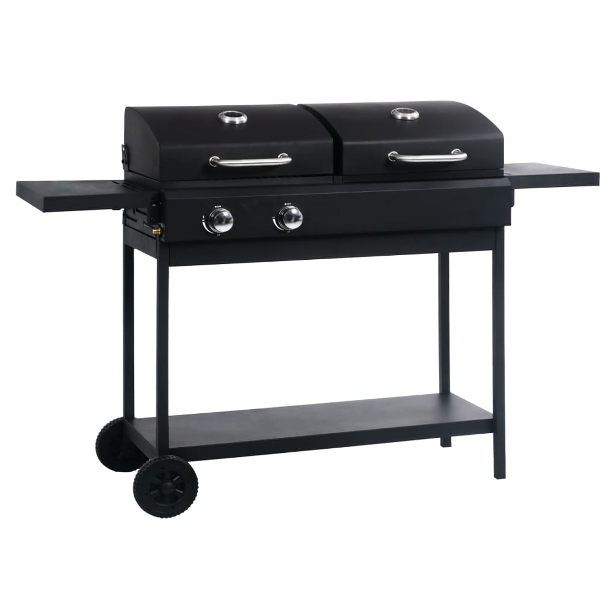 Ein schwarzer Außengrill mit zwei separaten Kochbereichen, Seitenablagen und einem unteren Ablageregal. Er hat Räder.