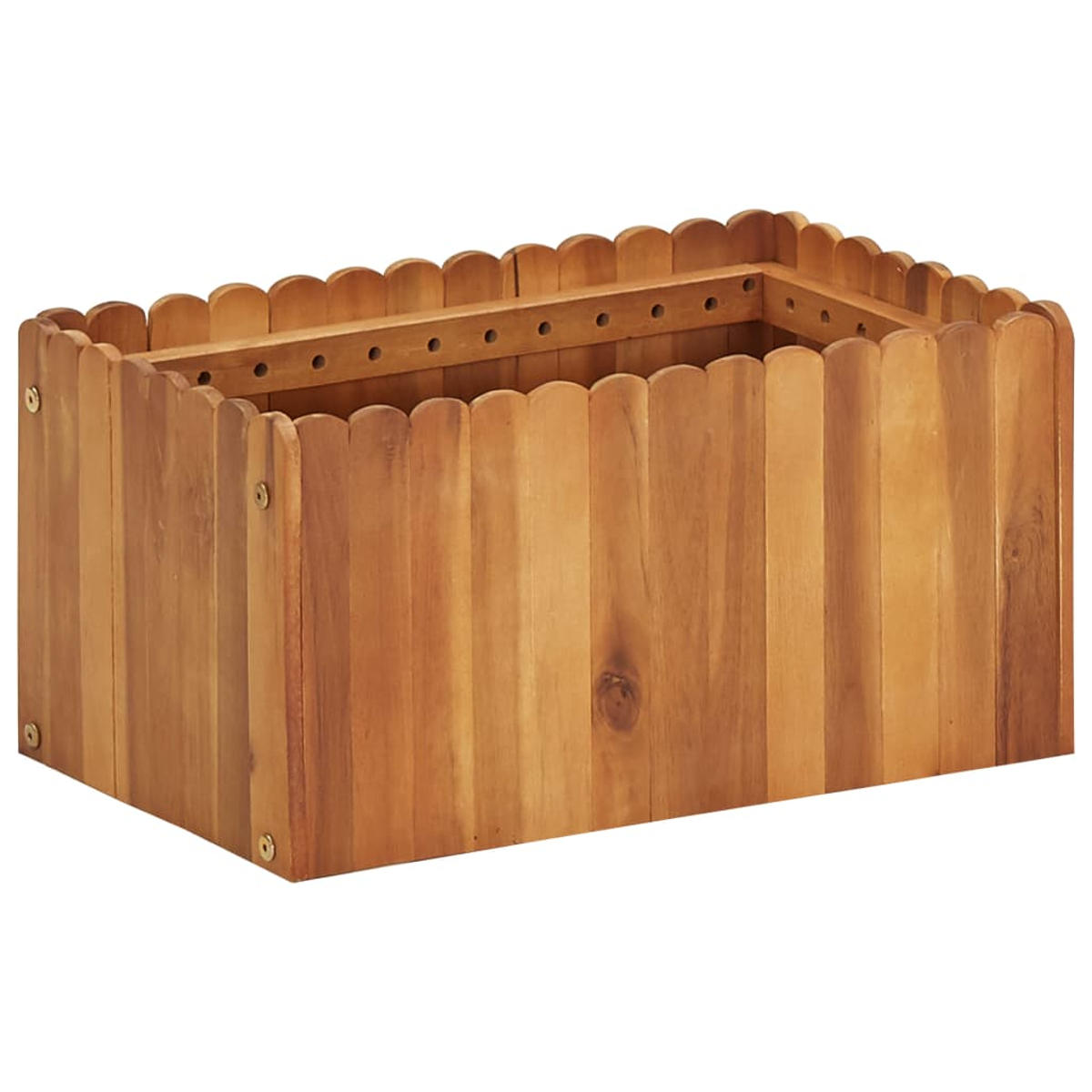 Eine rechteckige Pflanzkasten aus Holz. Es hat einen gewellten Rand und besteht aus vertikalen Holzlatten. Ein Stützbalken ist sichtbar.