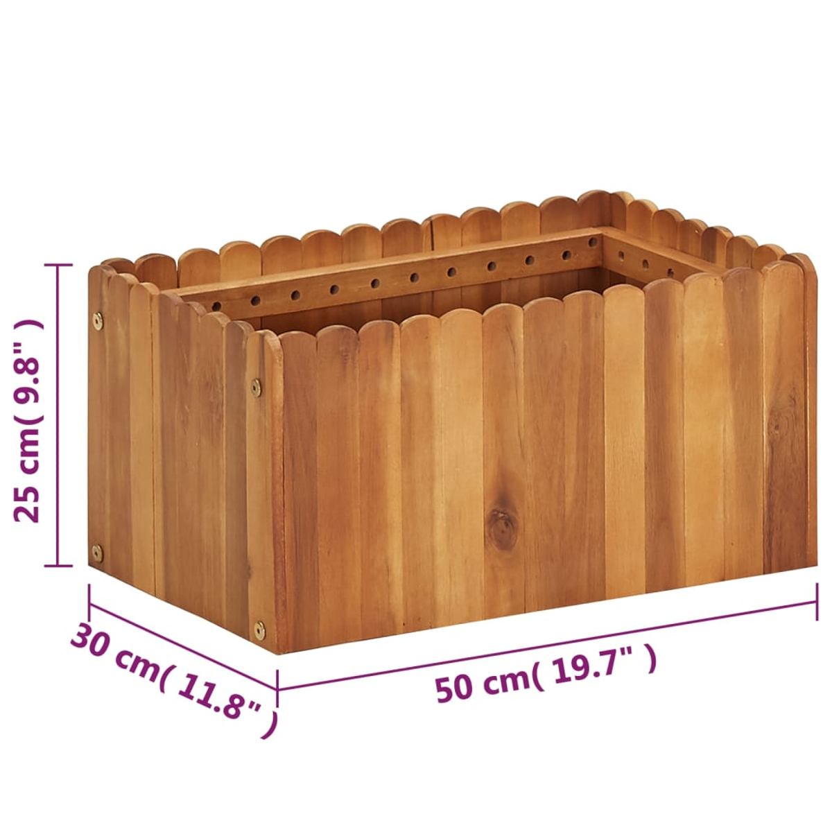 Ein rechteckiger Holzpflanzer mit gewellten Kanten. Die Abmessungen sind 50x30x25 cm. Der Pflanzer besteht aus vertikalen Holzbrettern.