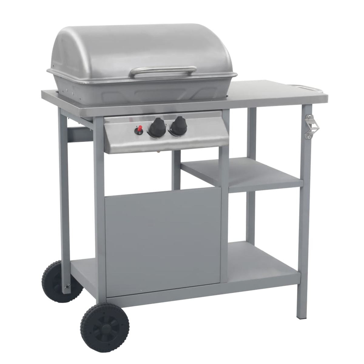 Ein grauer Gasgrill mit geschlossenem Deckel. Er hat einen Beistelltisch, zwei Räder und ein Ablageregal. Knöpfe steuern die Brenner.