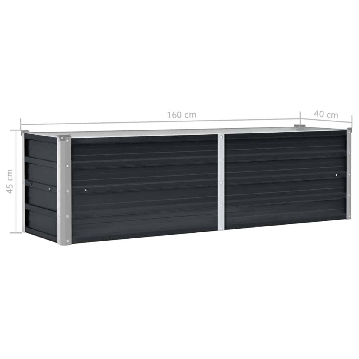 Dunkelgrauer Metall-Pflanzkasten, rechteckig, mit silberner Umrandung. Maße 160x40x45cm. Die Box hat horizontale Linien.