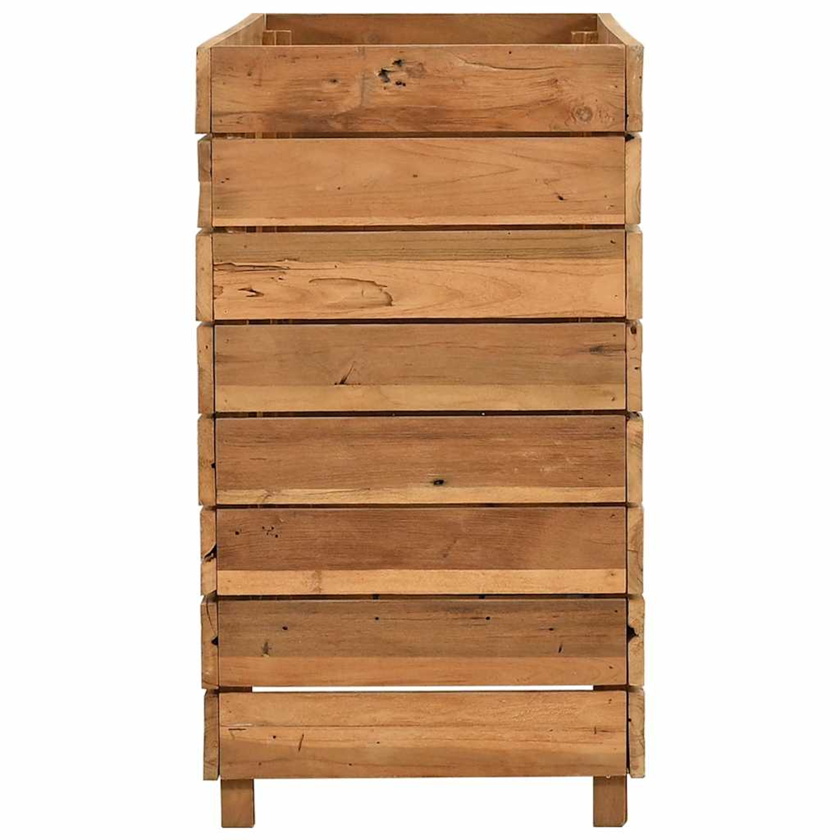 Eine hohe Pflanzkiste aus Holz mit horizontalen Lamellen. Es ist braun, mit sichtbarer Holzmaserung und steht auf kleinen Füßen.