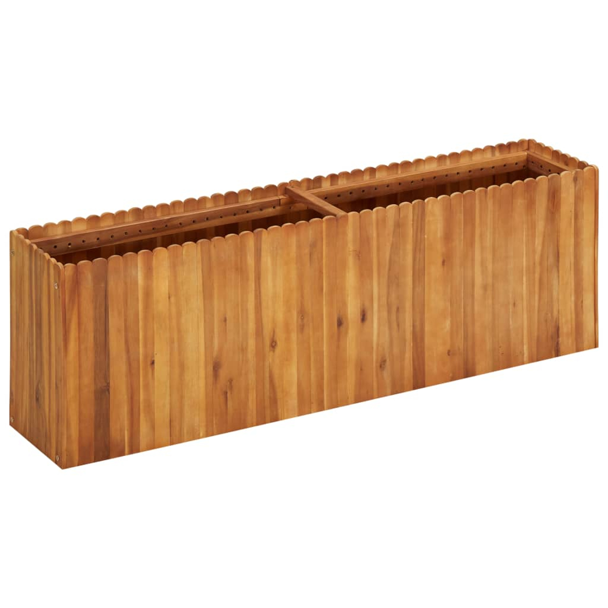 Eine rechteckige Holzpflanzkasten, hellbraun, mit vertikalen Brettern und einem wellenförmigen oberen Rand. Es ist leer, vor weißem Hintergrund.