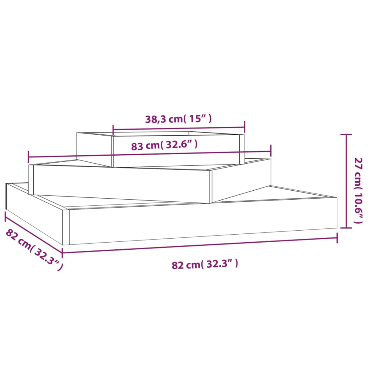 Ein Diagramm zeigt einen dreistufigen Präsentationsständer. Die Abmessungen sind in cm und Zoll angegeben. Der Ständer ist weiß auf weißem Hintergrund.