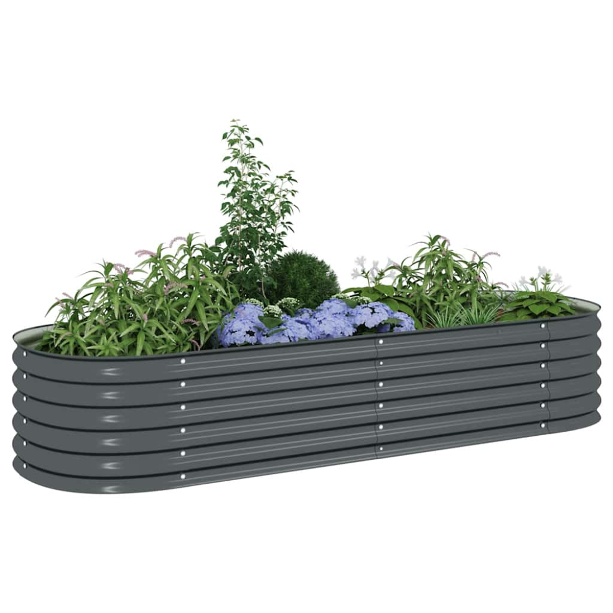 Eine graue, gewellte Metall-Pflanzkiste mit verschiedenen Pflanzen und Blumen. Enthält blaue Hortensien, grünes Laub und weiße Blumen.