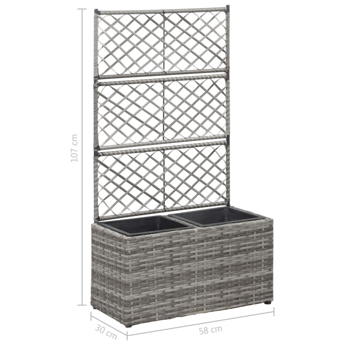 Grauer Rattan-Pflanzkübel mit Spalier. Er hat zwei schwarze Behälter. Die Abmessungen sind angegeben: 107 cm hoch, 58 cm breit und 30 cm tief.