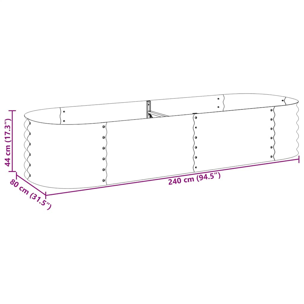 Ein rechteckiges Hochbeet aus verzinktem Stahl mit Maßangaben. Es ist 240 cm lang, 80 cm breit und 44 cm hoch.