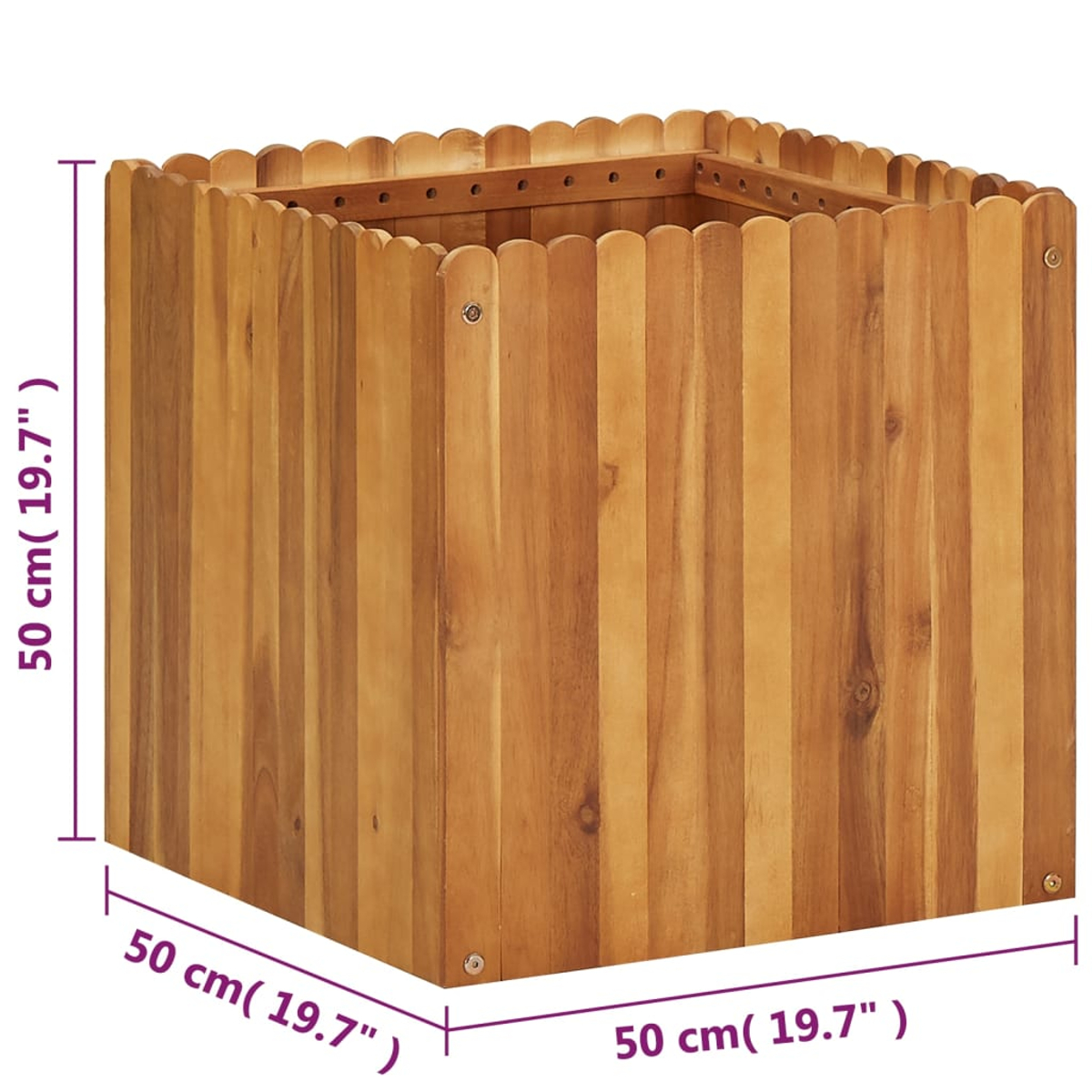 Eine quadratische Holz-Pflanzkasten mit vertikalen Lamellen. Es ist braun mit einem gezackten oberen Rand. Abmessungen sind 50cm x 50cm x 50cm.