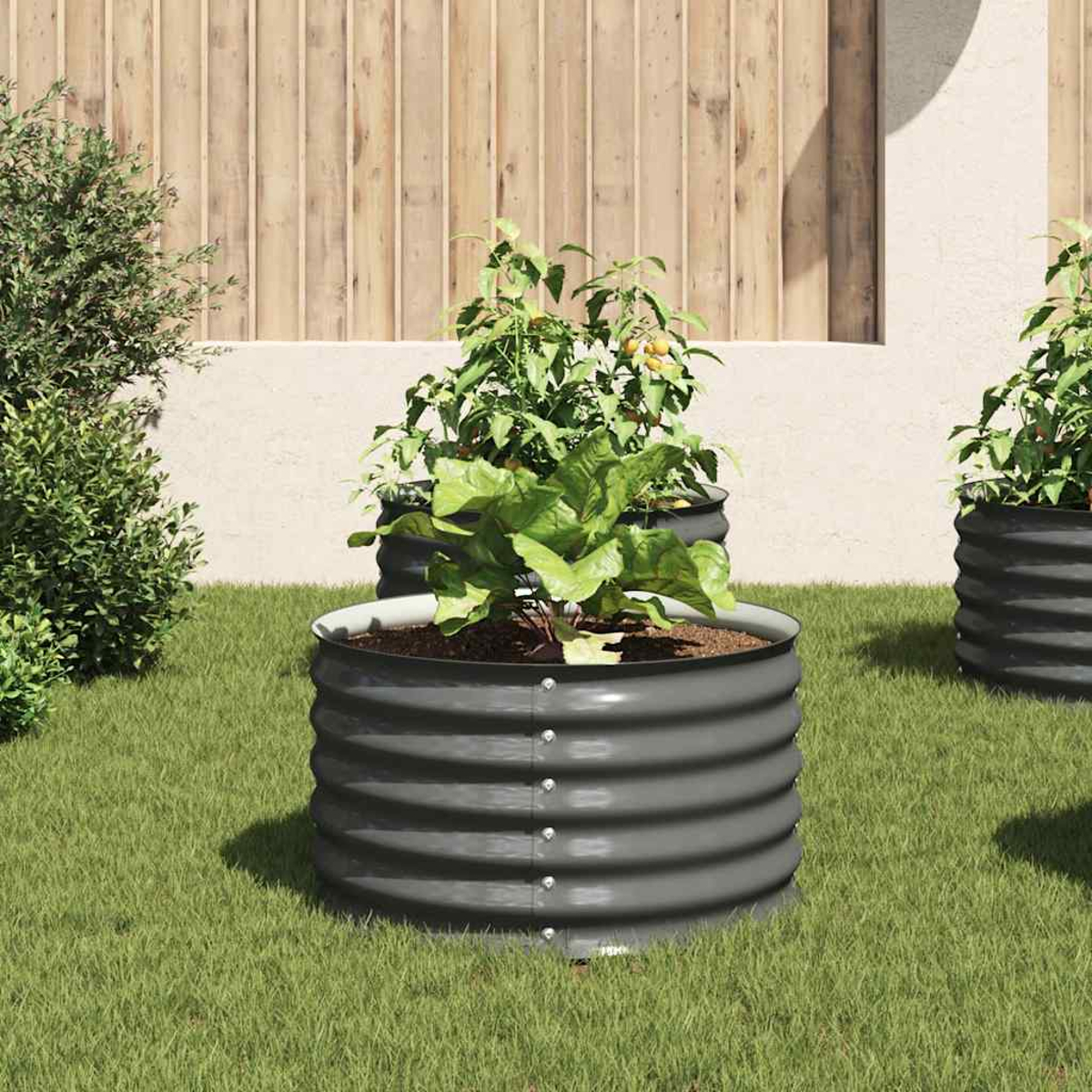 Drei graue Metallpflanzgefäße mit Pflanzen auf grünem Gras. Im Hintergrund ein Holzzaun. Sonniger Tag.