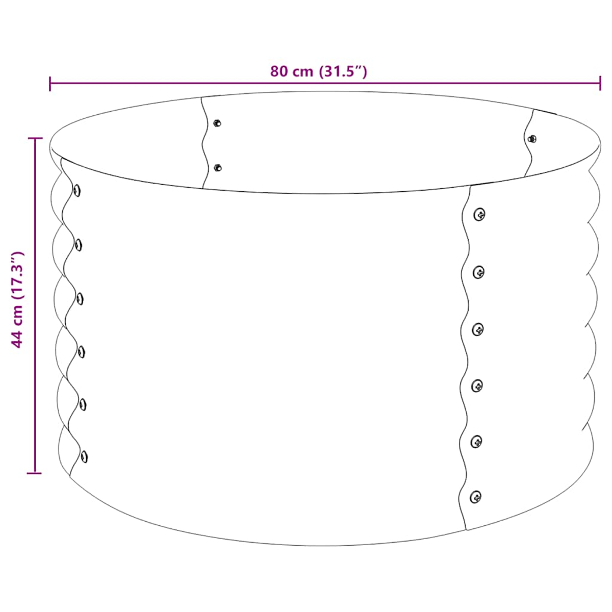 Diagramm eines zylindrischen Objekts mit den Maßen: 80 cm (31,5") breit und 44 cm (17,3") hoch. Schrauben sind ebenfalls abgebildet.