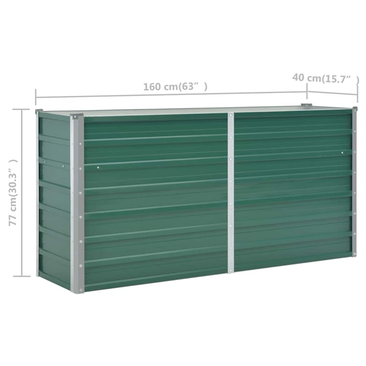 Eine grüne Metall-Aufbewahrungsbox mit Maßangaben. Sie ist rechteckig mit Deckel. Maße: 160 cm x 40 cm x 77 cm.