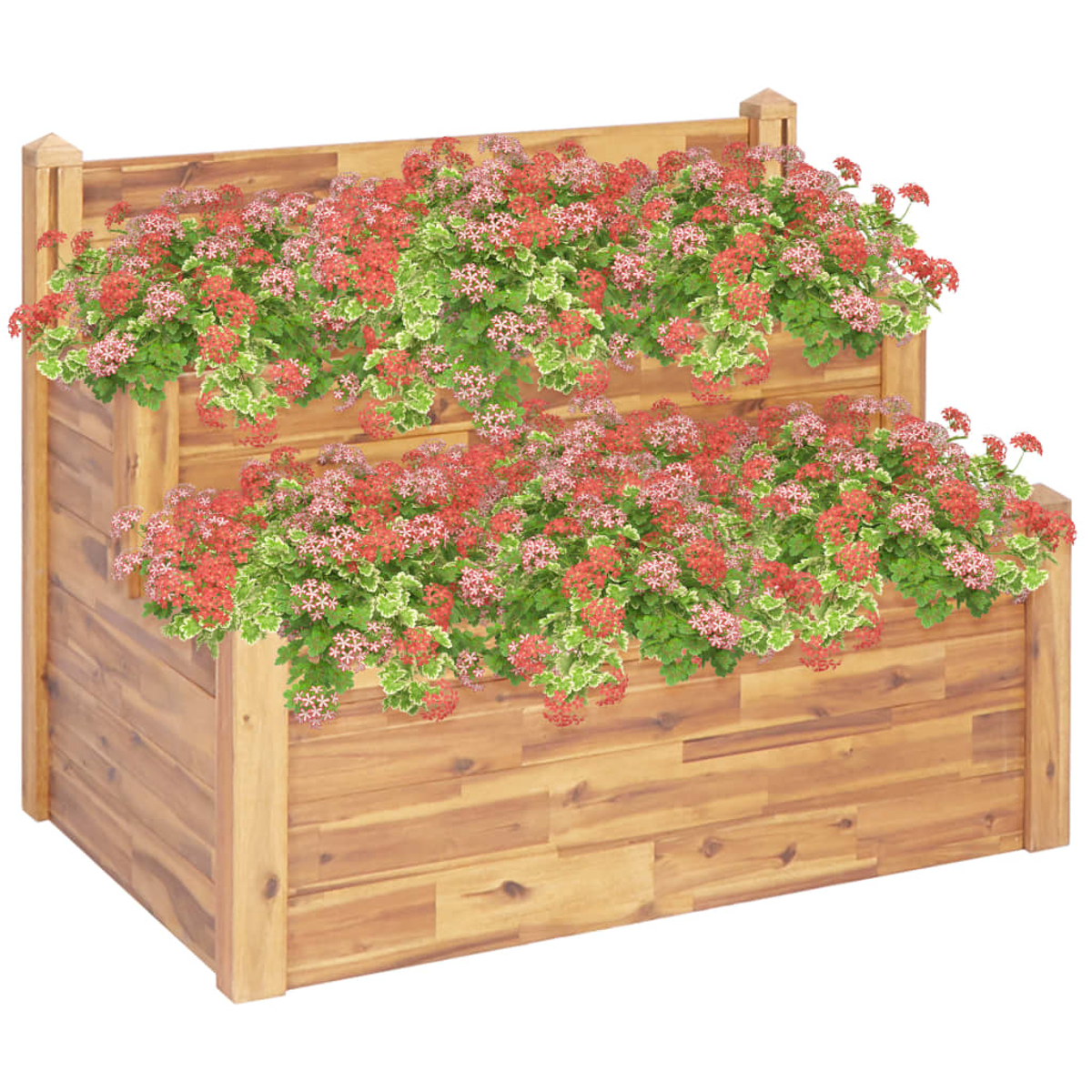 Ein zweistufiger Holzpflanzer, gefüllt mit roten und rosa Geranien und grünem Laub. Der Pflanzer ist aus hellbraunem Holz gefertigt.