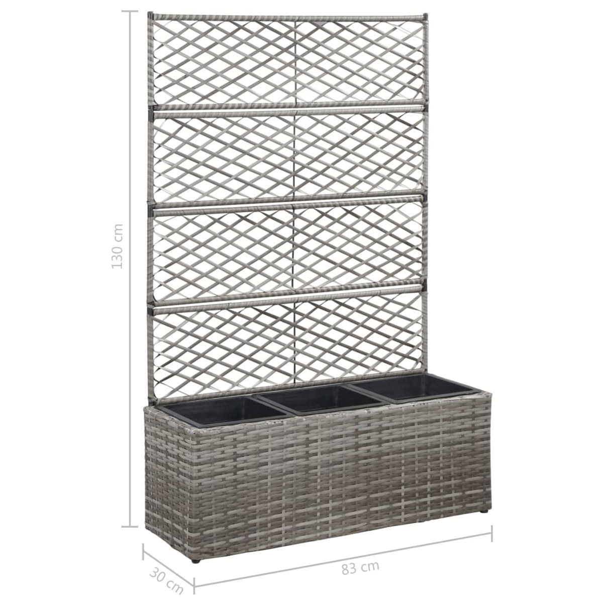 Ein grauer Rattan-Pflanzkasten mit Spalier. Er hat drei Pflanzkästen unten und ein Spalier, das sich nach oben erstreckt. Abmessungen sind angegeben.