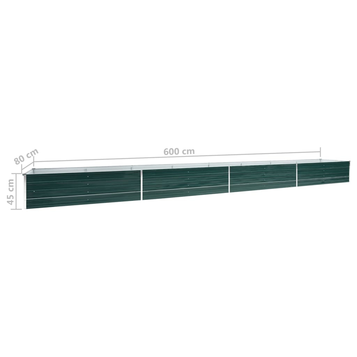 Ein langer, dunkelgrüner Metallpflanzkasten mit Maßangaben. Er ist 600 cm lang, 80 cm hoch und 45 cm breit.