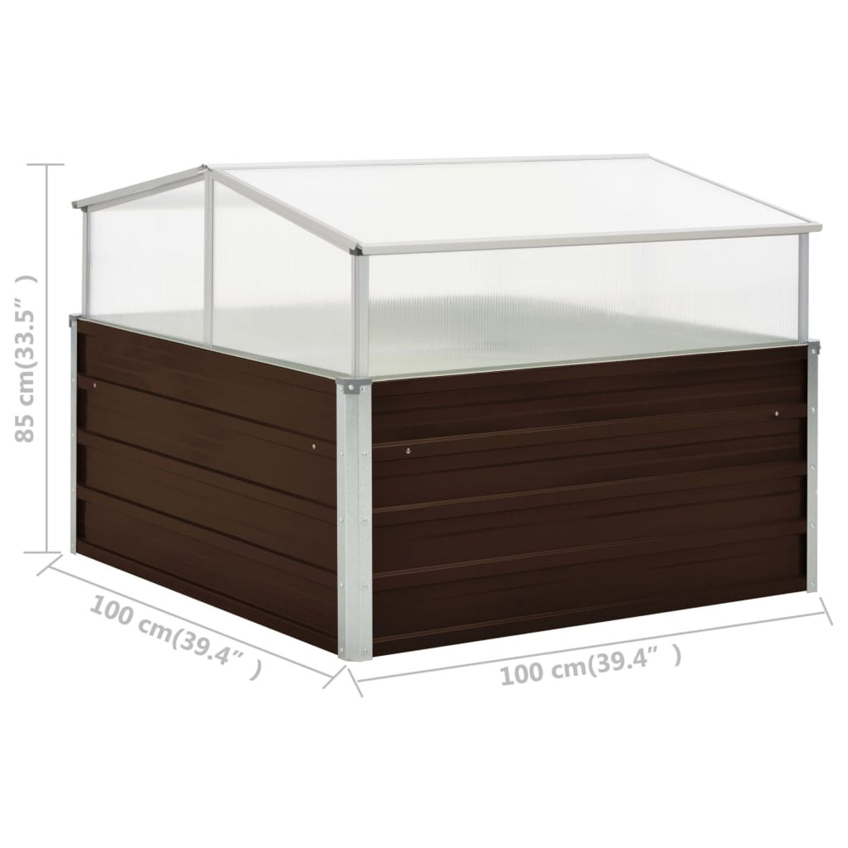 Ein braunes Hochbeet mit transparentem Dach. Abmessungen: 100cm x 100cm x 85cm.