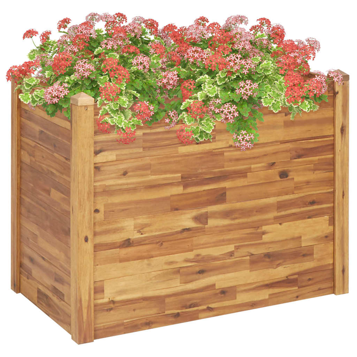 Holzkasten mit roten und rosa Blumen und grünen Blättern gefüllt. Die Box hat ein Holzplankendesign.
