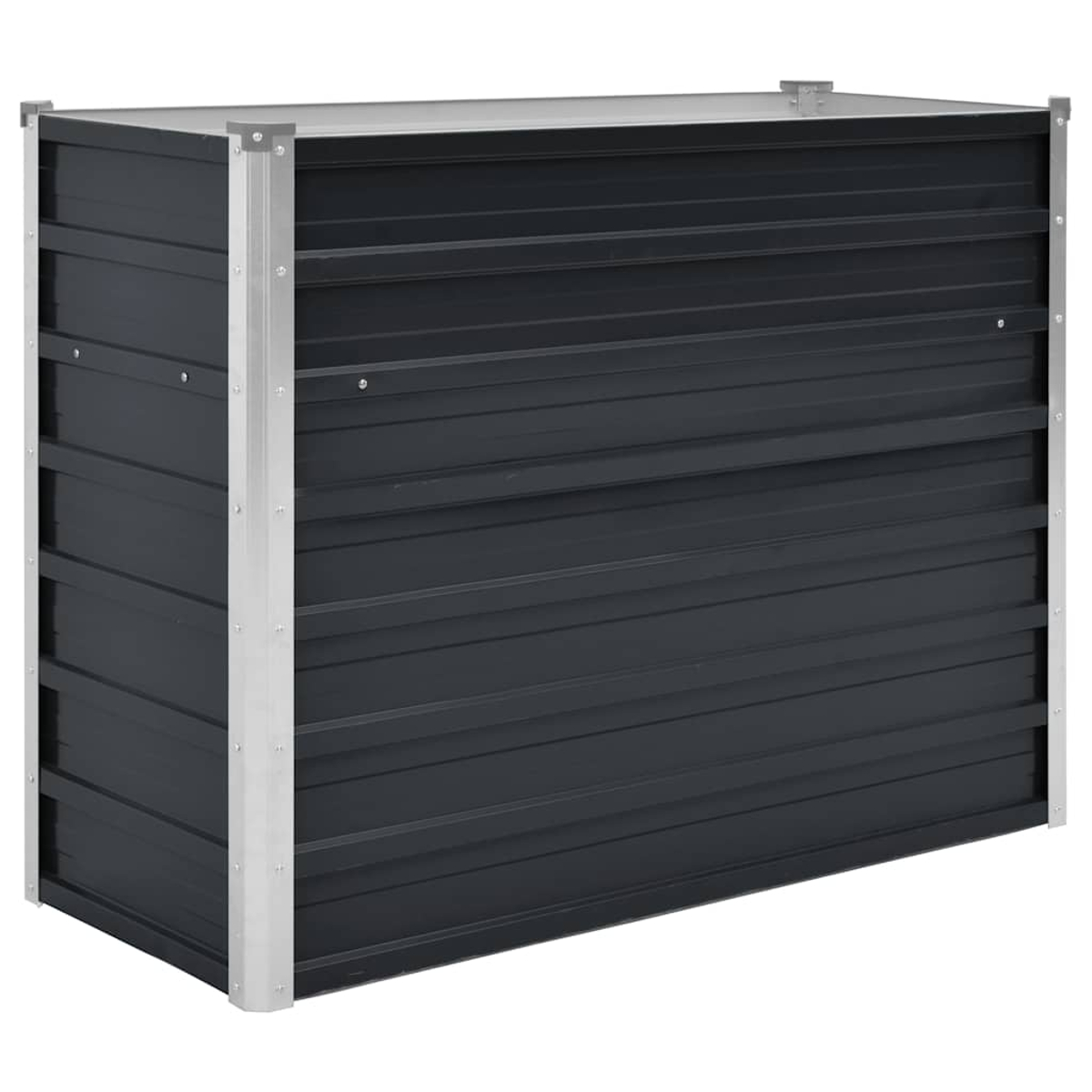 Eine dunkelgraue, rechteckige Metall-Aufbewahrungsbox mit horizontalen Linien, silbernen Zierleisten und einer flachen Oberseite. Sie hat einen Klappdeckel.