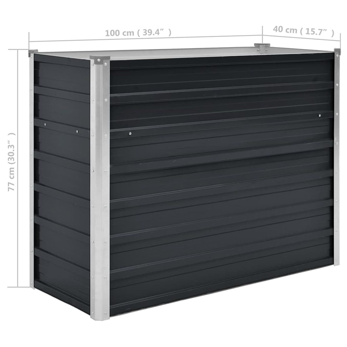 Eine dunkelgraue Metall-Aufbewahrungsbox mit silberner Verkleidung. Abmessungen: 100 cm x 40 cm x 77 cm.