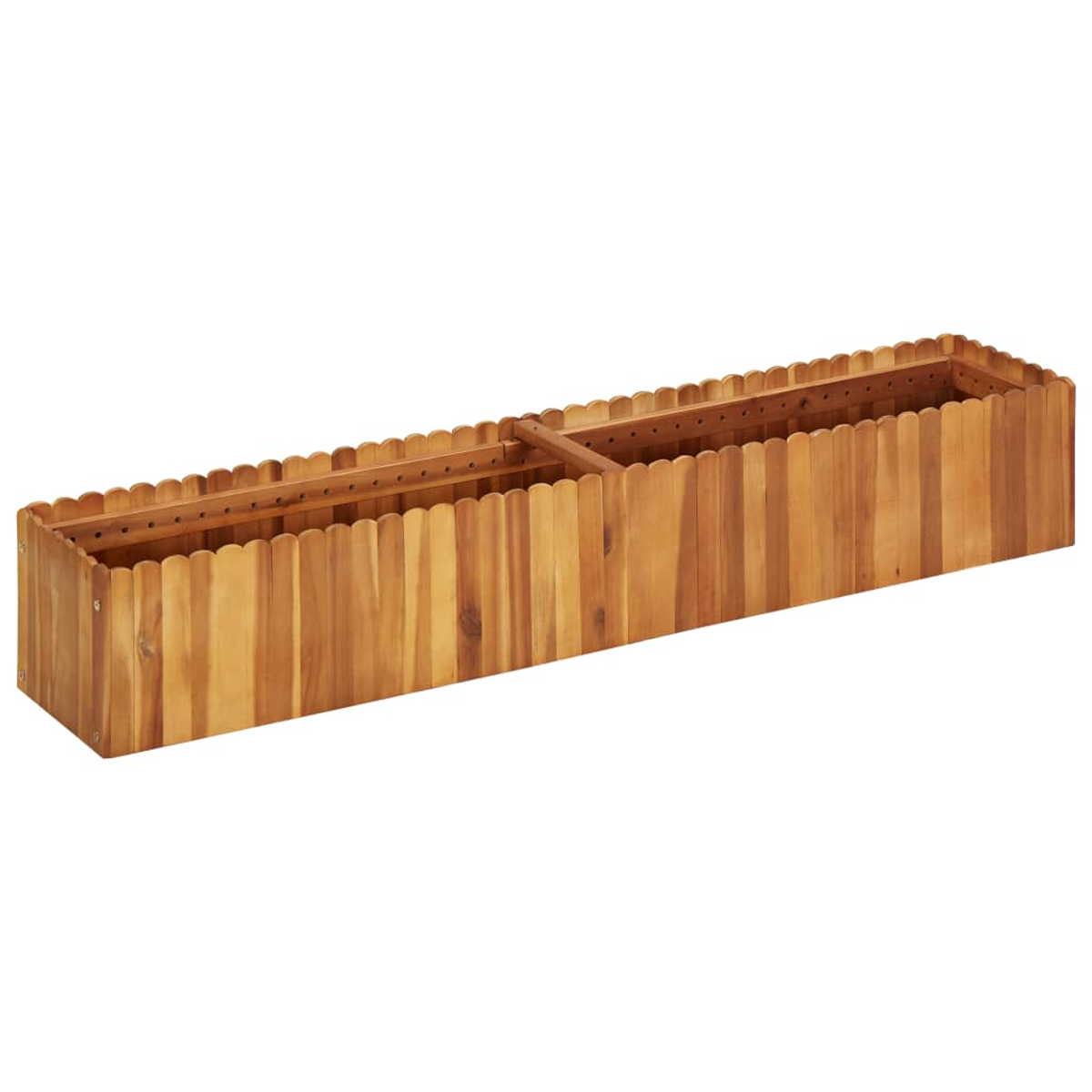 Eine lange Holzpflanzkasten mit wellenförmigen Kanten, aus hellbraunem Holz. Es hat eine Kreuzteilung im Inneren.