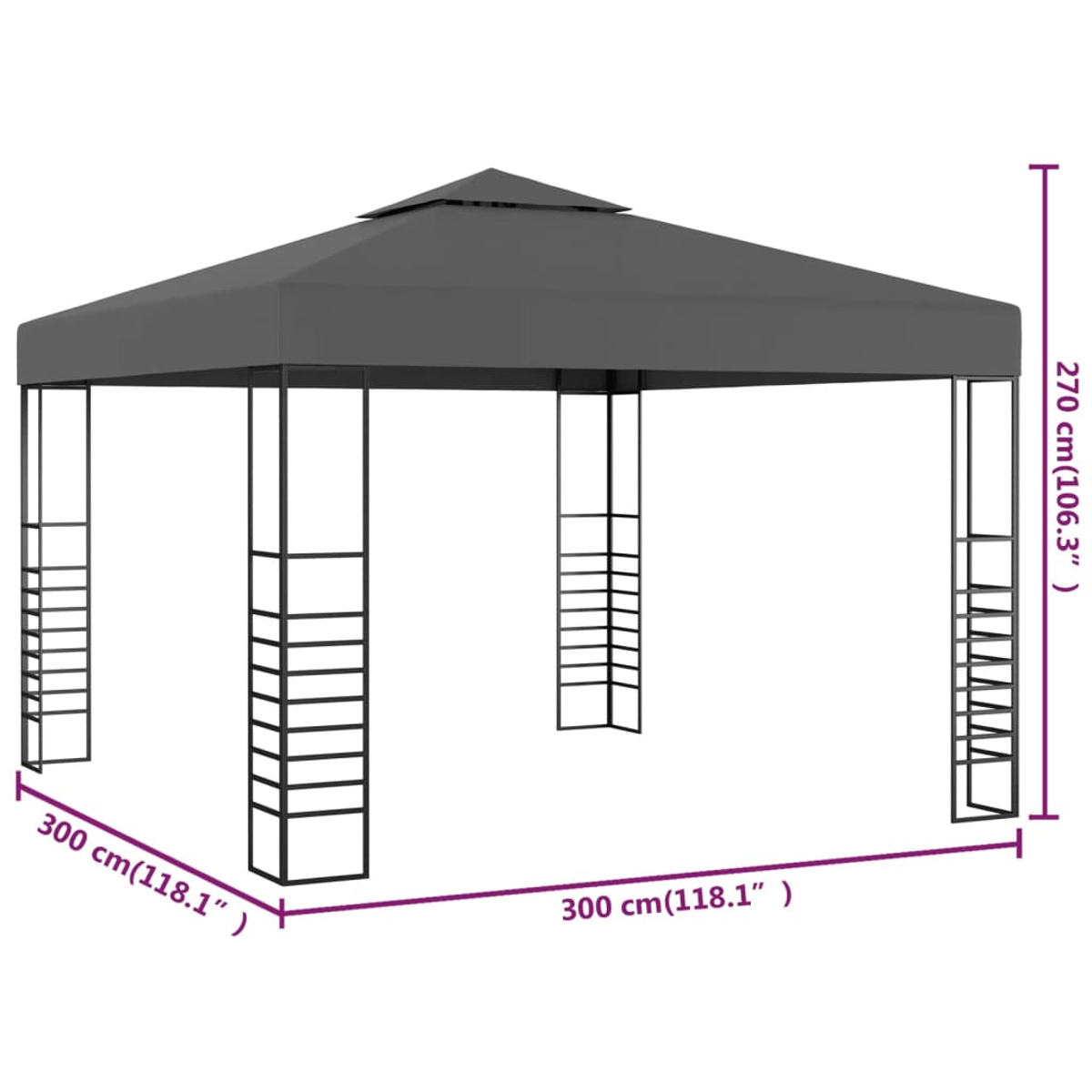 Ein grauer Pavillon mit quadratischem Dach und Metallrahmen. Die Abmessungen sind beschriftet: 300 cm x 300 cm, Höhe 270 cm.