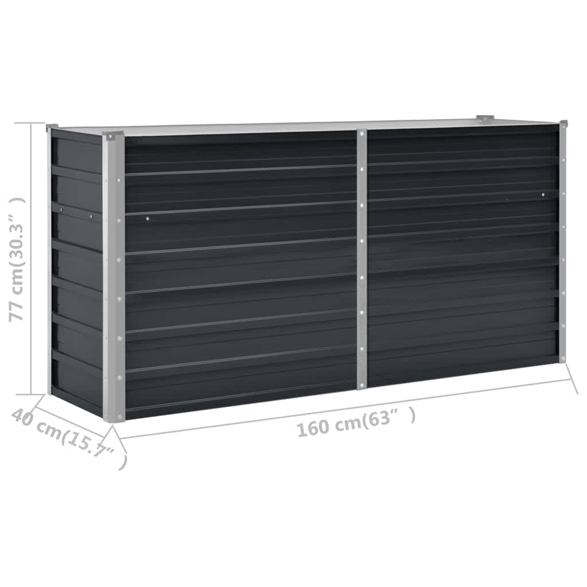 Eine dunkelgraue Metall-Aufbewahrungsbox mit den angegebenen Maßen: 77 cm hoch, 40 cm tief und 160 cm breit.