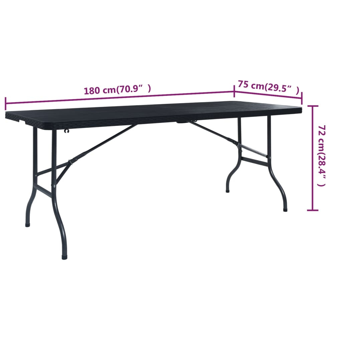 Ein schwarzer Klapptisch mit beschrifteten Abmessungen. Der Tisch ist 180 cm lang, 75 cm breit und 72 cm hoch. Er hat schwarze Metallbeine.