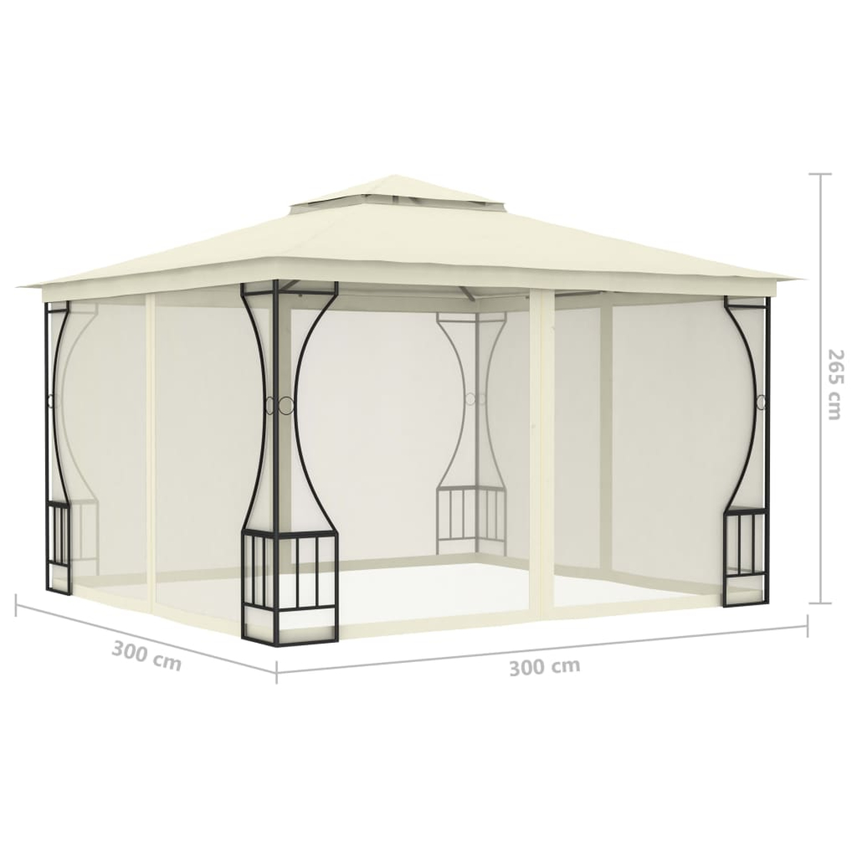 Ein cremefarbener Pavillon mit schwarzen Metallstützen und Maschenwänden. Abmessungen: 300 cm x 300 cm x 265 cm.