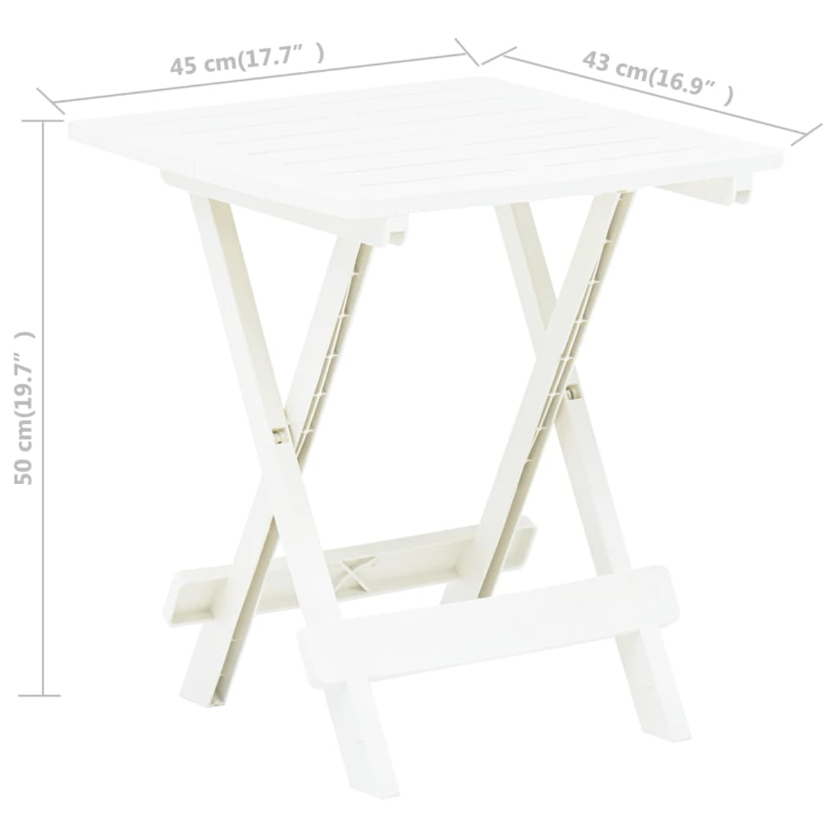 Ein weißer, klappbarer Tisch wird gezeigt. Die Abmessungen des Tisches sind angegeben: 45cm x 43cm x 50cm. Er besteht aus Kunststoff, mit X-förmigem Beindesign.