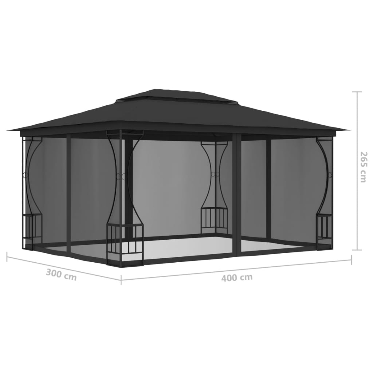Ein schwarzer Pavillon mit beschrifteten Abmessungen. Er hat eine rechteckige Form mit Dach, Netzseiten und Metallstützen.