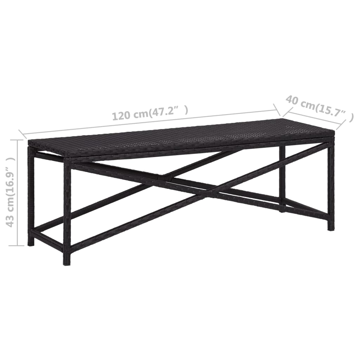 Eine schwarze rechteckige Bank mit gewebter Oberseite wird gezeigt. Maße sind enthalten: 120 cm (47,2"), 40 cm (15,7") und 43 cm (16,9").
