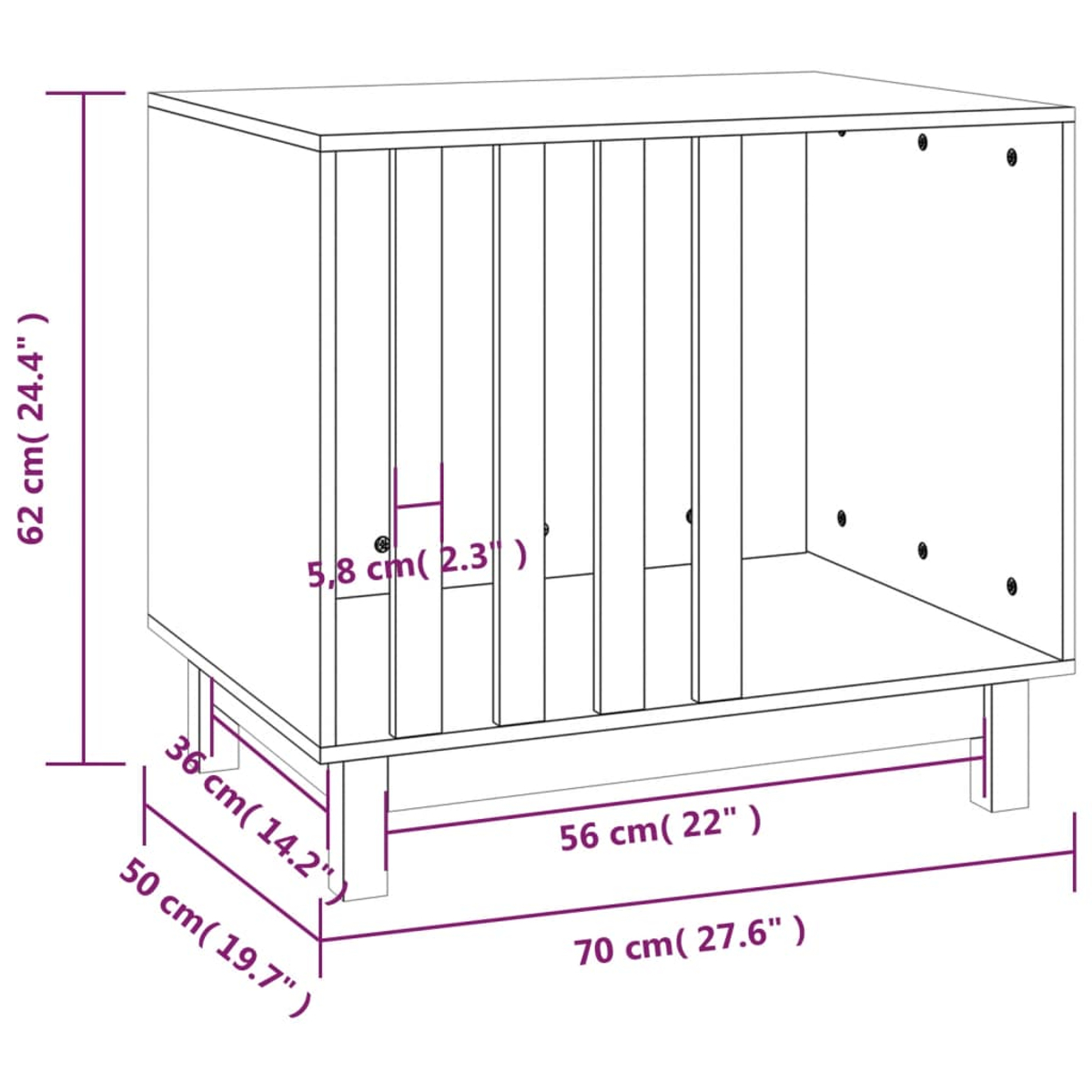 Diagramm eines Holzschranks mit Maßen in cm und Zoll. Er hat eine rechteckige Form mit vertikalen Lamellen.