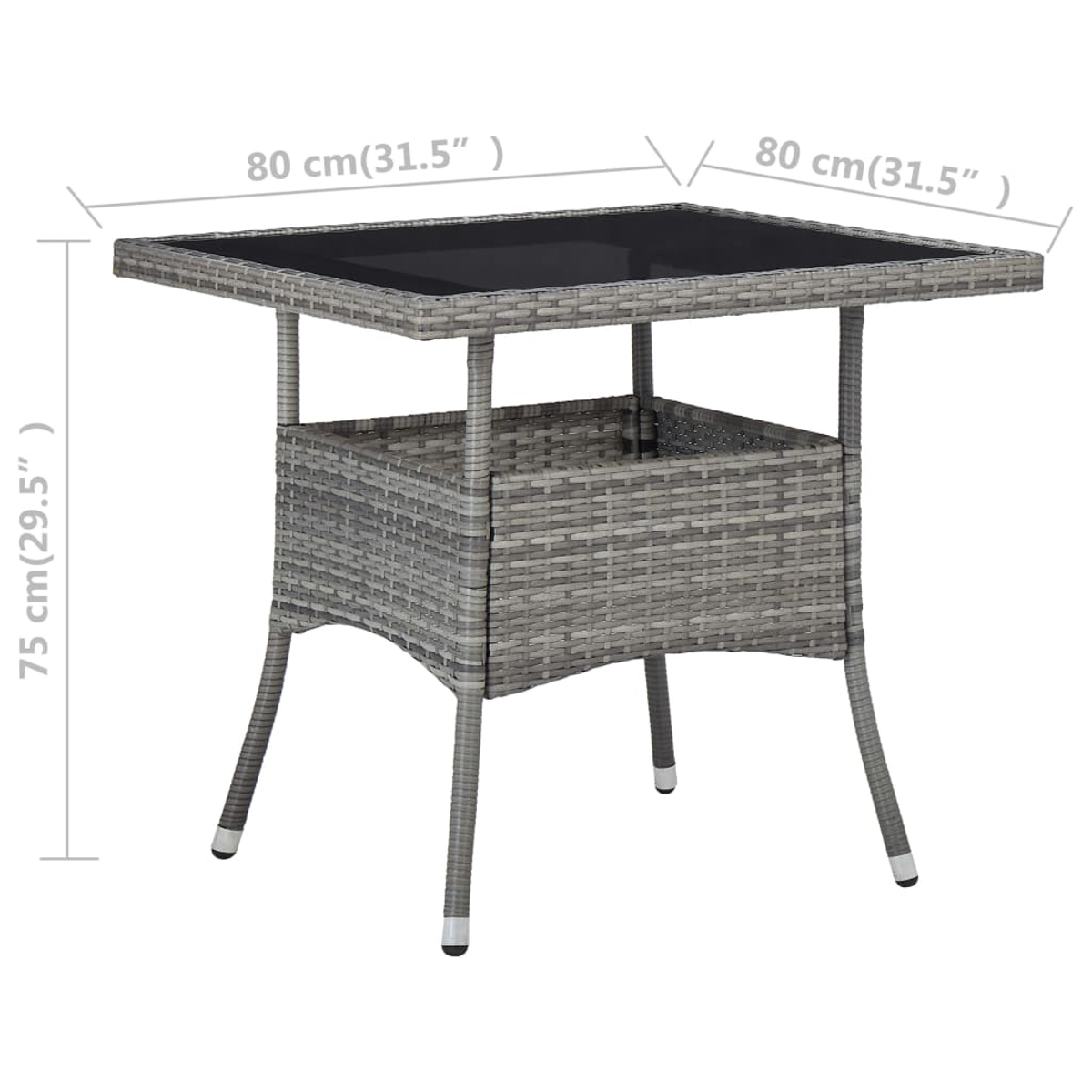 Ein grauer Outdoor-Tisch aus Korbgeflecht mit schwarzer Glasplatte. Der Tisch ist quadratisch und hat ein Staufach.