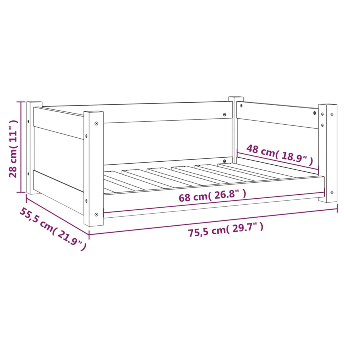 Diagramm eines Holzbetts. Abmessungen sind in cm und Zoll angegeben. Der Rahmen ist rechteckig mit Lattenrost.