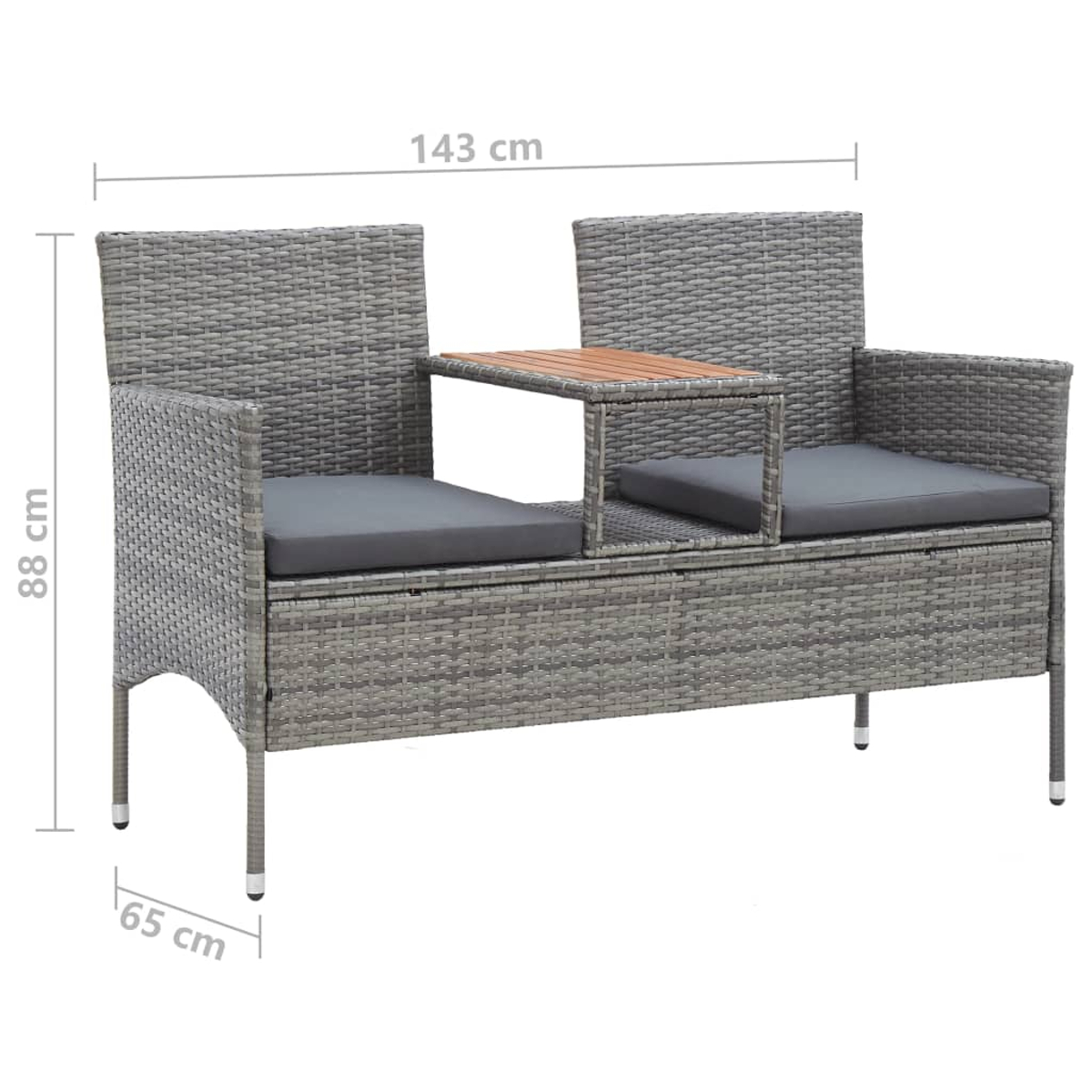 Eine graue Korbsesselbank mit zwei Sitzen und einem kleinen Holztisch in der Mitte. Abmessungen sind beschriftet: 143 cm, 88 cm und 65 cm.
