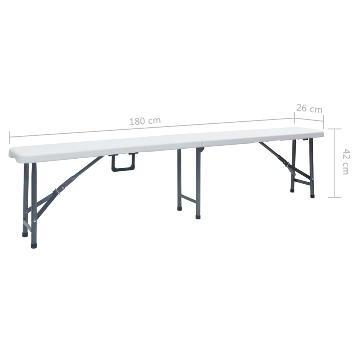 Un tavolo pieghevole bianco con gambe grigie. Le dimensioni sono: 180 cm di lunghezza, 26 cm di larghezza e 42 cm di altezza.