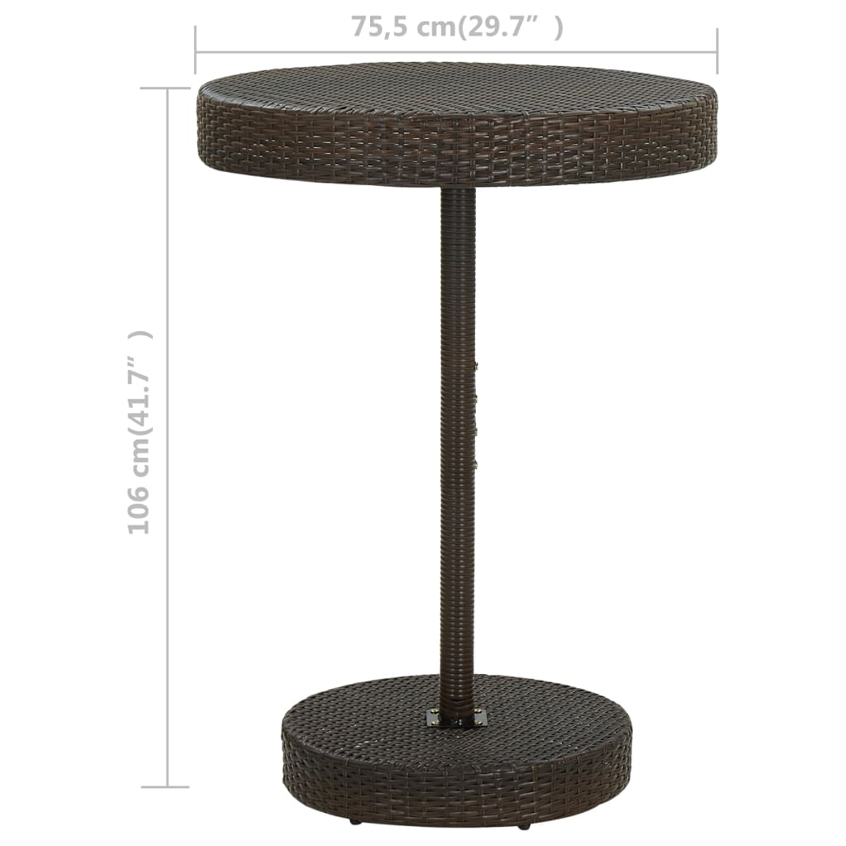 Ein brauner Beistelltisch aus Rattan wird gezeigt. Er hat eine runde Oberseite, eine zentrale Stange und eine runde Basis.