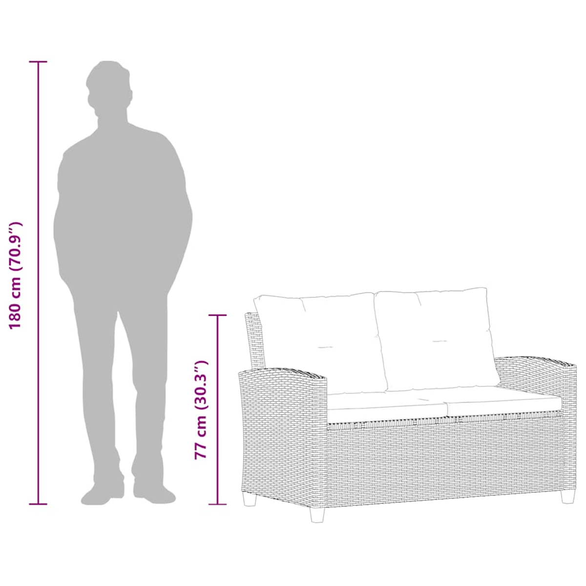 Eine Person steht neben einem Korbliebesitz. Maße von 180 cm und 77 cm werden für Höhe bzw. Breite angezeigt.