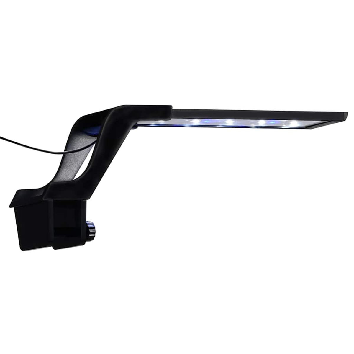Eine schwarze Aquarium-LED-Leuchte mit blauen LEDs ist auf weißem Hintergrund montiert. Die Leuchte hat einen gebogenen Arm und eine verstellbare Halterung.