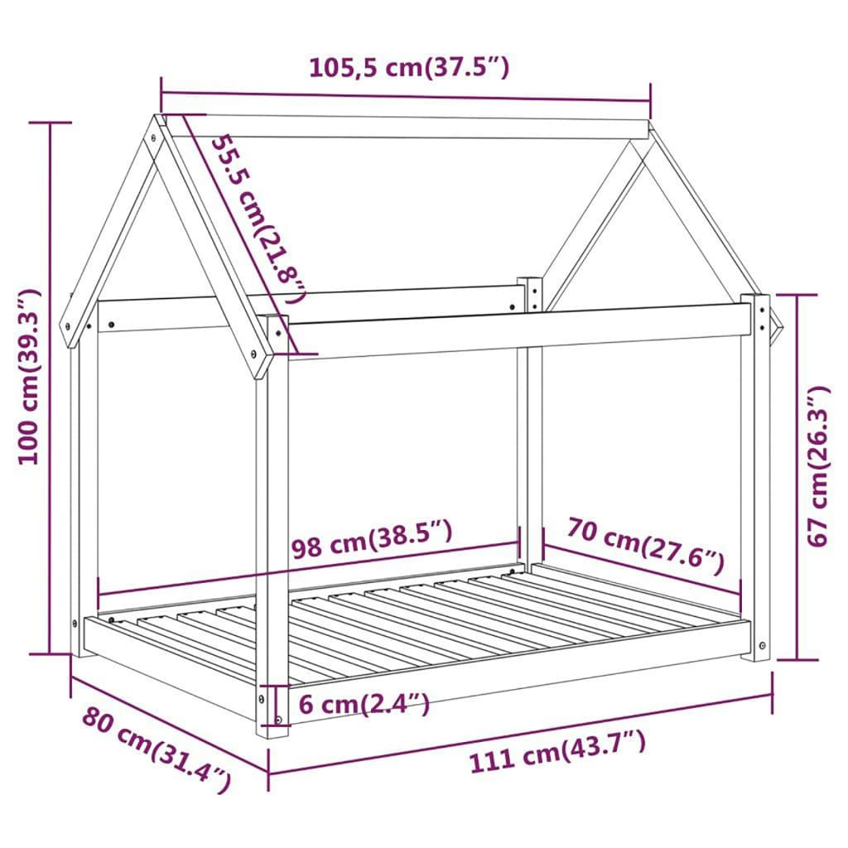 Ein hölzerner Bettrahmen in Form eines Hauses. Abmessungen sind in Zentimetern und Zoll angegeben.
